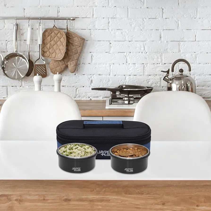 Jaypee Plus Stainless Steel Inner Micropac 2 Container Lunch Box | Leak Proof | Microwave Safe | Insulated Lunch Box | Air Tight | Insulated Tiffin Box for Office | 400 Ml Black